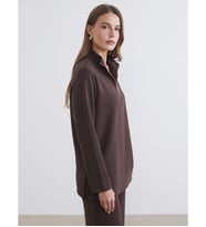 LCW EVERYDAY Kahverengi Dik Yaka Çizgili Oversize Kadın Tişört