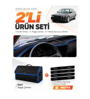 BMW E34 (1988-1996) AİRBAGSİZ Uyumlu Torpido Örtüsü + Deri Bagaj Çantası + Sticker Seti - Siyah Mavi