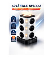 12’li Kule Tipi Priz 3 USB-A 1 Type-C Gece Lambalı 3680W Çoklu Şarj ve Güç İstasyonu (Siyah & Beyaz)