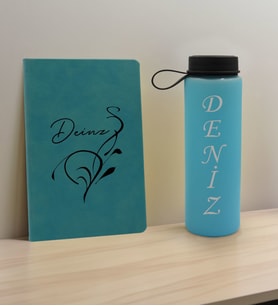 BK Gift Kişiye Özel İsimli Turkuaz Defter ve Cam Matara Hediye Seti-6, Sevgiliye Hediye, Arkadaşa Hediye, Yeni İş Hediyesi