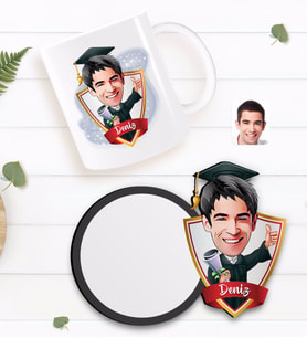 BK Gift Kişiye Özel Erkek Mezun Karikatürlü Beyaz Kupa ve Ahşap Bardak Altlığı Hediye Seti-1