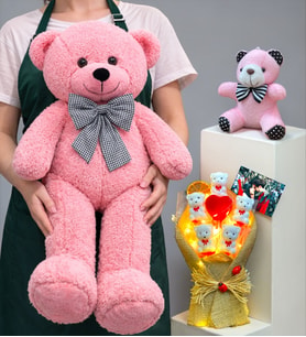 Kişiye Özel Fotoğraflı Peluş Ayıcık Seti Led Işıklı Buketli ve Pembe Büyük Peluş Ayıcıklı (Model 3)