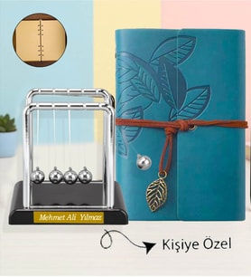 Kişiye Özel Newton Denge Topu & Retro Stil Haki Deri Anı Defteri Ajanda