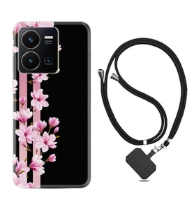 Vivo Y35 Kılıf Resimli Boyun Askılı İpli Desenli Silikon Pink Flowers 3 1393