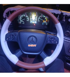 DİKİŞLİ DİREKSİYON KILIFI TABA / BEYAZ DERİ BEYAZ DİKİŞLİ MERCEDES TIR KAMYON İÇİN