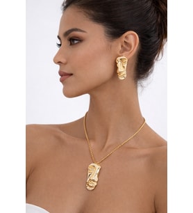 Modern Yüz Figürlü Kadın Takı Seti Gold Renk Kolye Küpe Minimal Sanatsal Tasarım