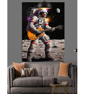 Ayda Gitar Çalan Astronot Dekoratif Kanvas - Mdf Ahşap Tablo