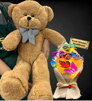 Kişiye Özel Led Işıklı İsimli Ayıcık Buketi ve Büyük Boy 80cm Kahverengi Peluş Ayıcık (Model 7)