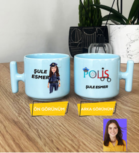 Kişiye Özel Karikatürlü Polis Hediye Pastel T Kupa Kadın Polise Polisler Günü Hediyesi (Mavi)