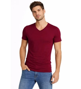 Erkek T-Shirt V Yaka Slim Fit Dar Kesim Likralı Tişört Günlük Basic Body - Bordo