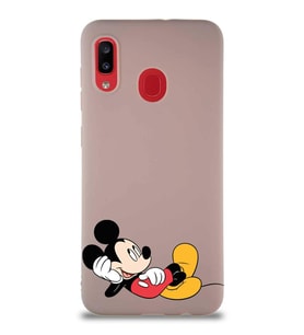 Samsung Galaxy A20 Soft Premier Kapak Mickey Mouse-F Tasarımlı Silikon Kılıf - Pudra (Şeffaf)