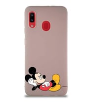 Samsung Galaxy A20 Soft Premier Kapak Mickey Mouse-F Tasarımlı Silikon Kılıf - Pudra (Şeffaf)