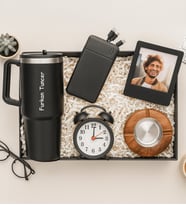 Kişiye Özel Fotoğraflı Çerçeve,Masa Saati,Küllük,Powerbank Ve Termos Hediye Seti (Siyah)
