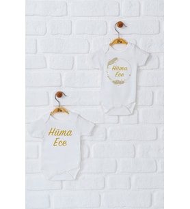 Pia Baby Premium %100 Pamuk İsme Özel Organik Baskılı İkili Set Çıtçıtlı Bebek Body Zıbın Modelleri 5064-17 (Ekru)