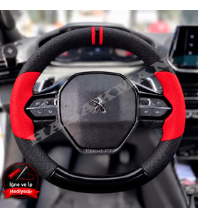 Peugeot Rifter Dikme Direksiyon Kılıfı Parlak Siyah Kırmızı Detaylı Kırmızı Çift Yüzük ve Dikiş 2021-2024
