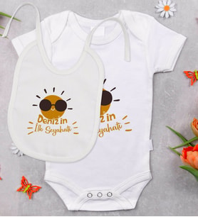 BK Kids Kişiye Özel İlk Seyahat Tasarımlı Bebek Body Zıbın ve Mama Önlüğü Hediye Seti - Model 1