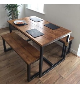 HALEVİA METAL AHŞAP YEMEK MASASI VE ÇİFT BENCH.