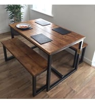 HALEVİA METAL AHŞAP YEMEK MASASI VE ÇİFT BENCH.