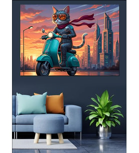 Scooter Süren Kedi Çizimi Dekoratif Kanvas - Mdf Ahşap Tablo