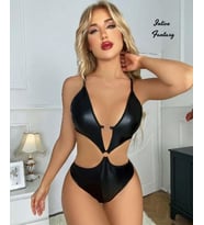 Intive Fantasy Siyah Lame Kumaştan Bel Dekolteli V Yaka Fantezi Bodysuit/Gecelik