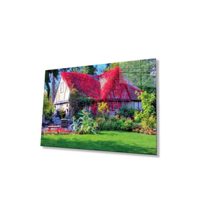 Mor Çiçekli Ev Cam Tablo 4mm Dayanıklı Temperli Cam, Purple Flowers House Glass Wall Decor (Çok Renkli)