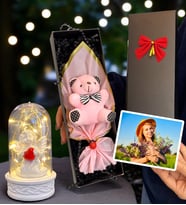Size Özel Fotoğraflı Kutuda Pembe Peluş Ayıcık ve Led Işıklı Biblolu Fanus (Model 2)