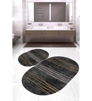 Dijital Baskılı Kaymaz Taban Yıkanabilir Oval 2'li Klozet Takımı Banyo Paspası NOKZ-HT-702 (Siyah)