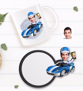 BK Gift Kişiye Özel Erkek Rallici Karikatürlü Beyaz Kupa ve Ahşap Bardak Altlığı Hediye Seti-1