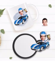BK Gift Kişiye Özel Erkek Rallici Karikatürlü Beyaz Kupa ve Ahşap Bardak Altlığı Hediye Seti-1