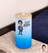 BK Gift Karikatürlü Mavi Renk Pipetli Buzlu Cam Bardak 600ml - 2, Arkadaşa Hediye, Doğum Günü Hediyesi