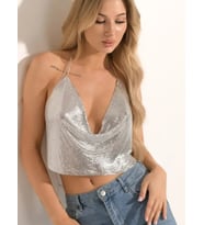 Pilelistore Parlak Gümüş Crop & Bluz Kolsuz Kayık Yaka Zırh Büstiyer