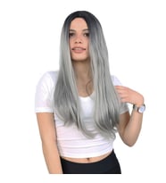 Fiber Sen Uzun Düz Peruk / Siyah / Gri Ombreli