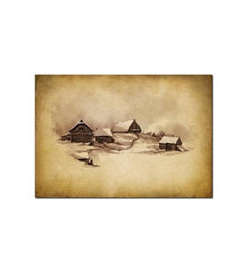 Sarı Zeminde Ahşap Çiftlik Evleri Çizim Görseli (25x35 Cm Boyut)