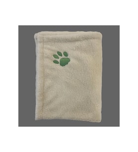 Yumuşak ve şık ekru beyaz, mint yeşil pati nakışlı, premium fluffy battaniye