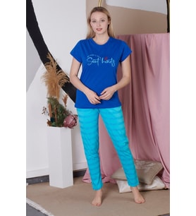 Kadın Kısa Kollu Yazı Baskılı Saks Pijama Takımı K-20144