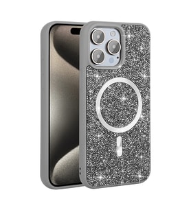 iPhone 15 Pro Max Kılıf Pırlanta Tasarımlı M-safe Şarj Özellikli Mozaik Silikon Kapak (Gri)