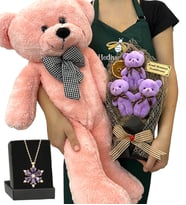 Kişiye Özel Hediye Seti - Ametist Taşlı Lotus Kolye, 3'lü Ayıcık Buketi ve Pembe Peluş Ayıcık (Model 4)