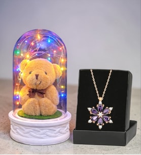 Renkli Led Işıklı Fanus ve Gerçek Ametist Taşlı Lotus Kolye (Model 4)