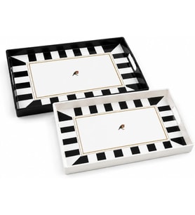 2'li Servis Tepsisi Seti - 38 x 28 x 3,5 cm Büyük Boy Sunum Tepsisi - Siyah Beyaz Çizgili Desen - Kulplu Plastik Kahvaltı Çay Kahve İkram Seti - Mutfak Salon Balkon ve Davet Kullanımı