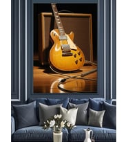 Altın Renkli Elektro Gitar Dekoratif Kanvas - Mdf Ahşap Tablo