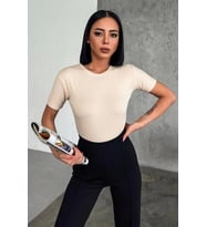 Rahat Ve Şık Kısa Kollu Bisiklet Yaka Likralı Viskon Penye Body Bej