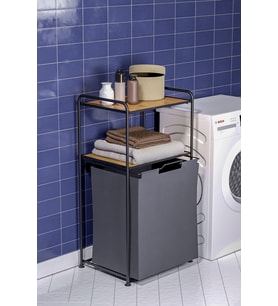 2 Katlı Çamaşır Sepeti Kirli Sepeti Ahşap Raflı Banyo Dolabı Banyo Düzenleyici Organizer MAT SİYAH M