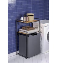 2 Katlı Çamaşır Sepeti Kirli Sepeti Ahşap Raflı Banyo Dolabı Banyo Düzenleyici Organizer MAT SİYAH M