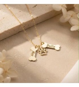 Kişiye Özel 925 Ayar Gümüş Şık Kemik ve Pati Detaylı Çift İsim Kolye (Gold)