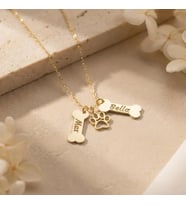 Kişiye Özel 925 Ayar Gümüş Şık Kemik ve Pati Detaylı Çift İsim Kolye (Gold)