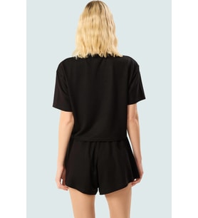Kadın Örme Şortlu T shirt Takım Rahat Günlük Yazlık Kombin Kullanım Zarifane Tasarım (Siyah)