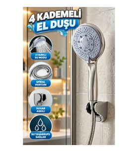 4 Kademeli El Duşu Seti – Spiral Hortum ve Duvar Askılı Banyo Duş Başlığı