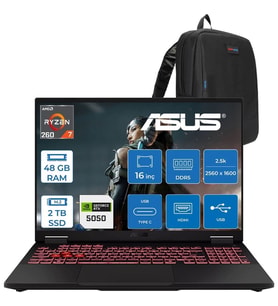 Asus Tuf Gaming A16 FA608UH Ryzen 7 260 Aı 48GB Ddr5 2tb SSD 16-Inch 8GB/RTX5050 115W, 1920 x 1200, Wuxga SRGB:%100 165Hz 3ms IPS Freedos Gaming Laptop ZRV099WF21+ZETTAÇANTA