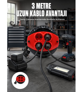 3 Metre Kablolu 4’lü Kırmızı Priz Makara