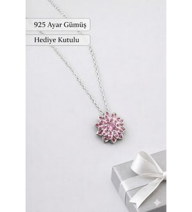 925 Ayar Gümüş Lotus Çiçek Kolye Pembe Taşlı Kadın Kolye Hediye Kutulu (Gümüş Gri)